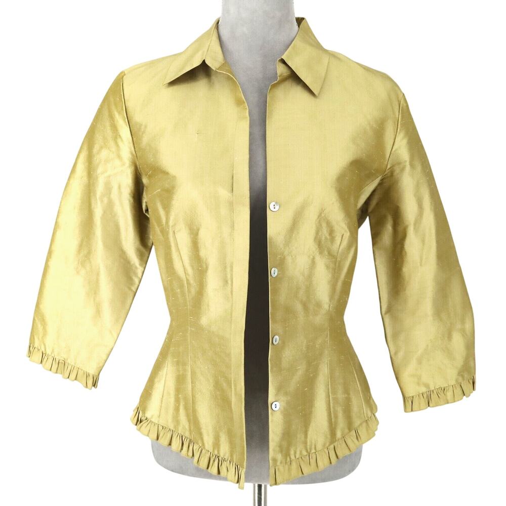 Cache Jacket Womens 8 Silk Green Gold Lined Pleated Trim Lightweight Vintage